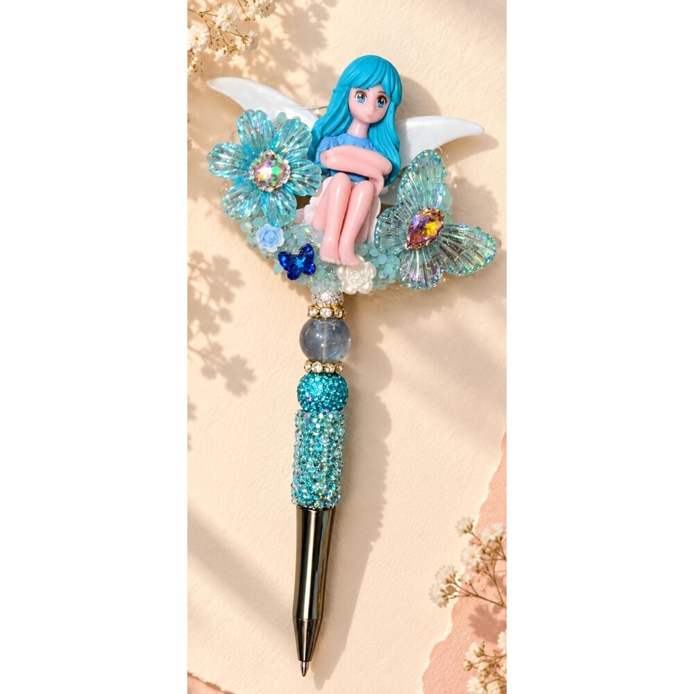 Blue Fairy Doll Butterfly Pen, Turquoise Rhinestone Beaded Pen